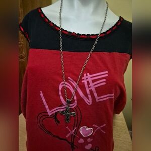 Silver Tone Long Scroll Design Cross Necklace